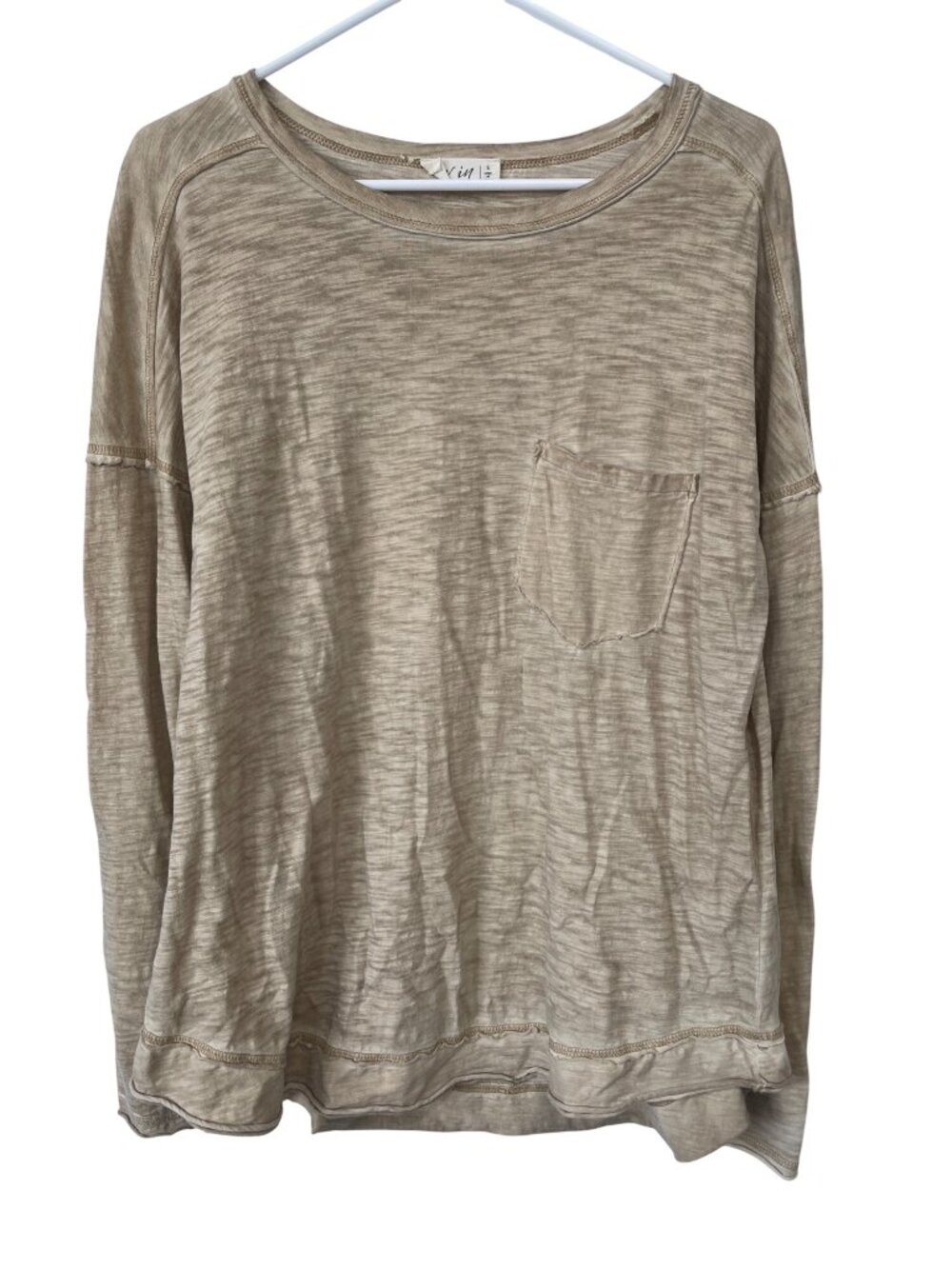 New In Pocket Tee Small Long Sleeve Slub Cotton Top Beige Neutral Everyday Wear